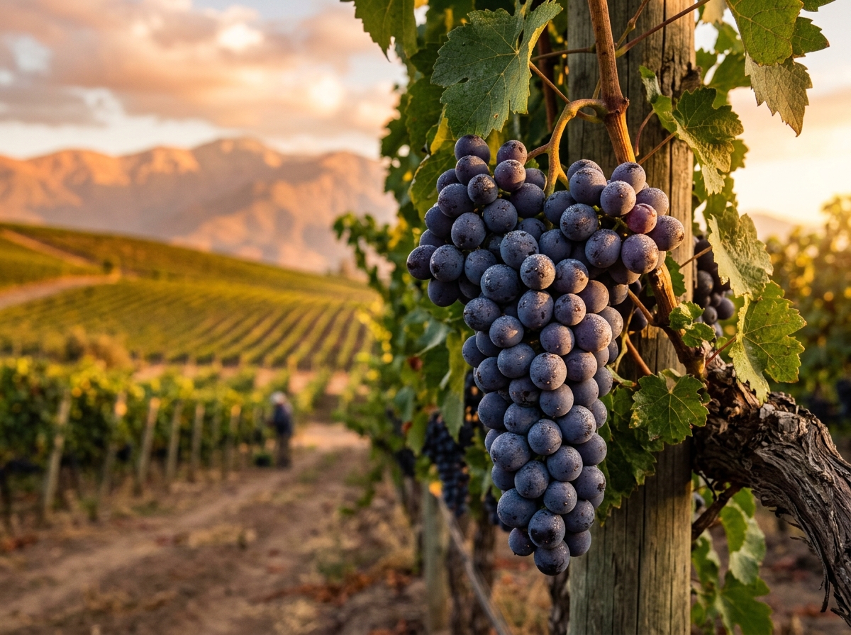 Viñedo del Valle Central de Chile y racimos de uva vinífera ricos en polifenoles