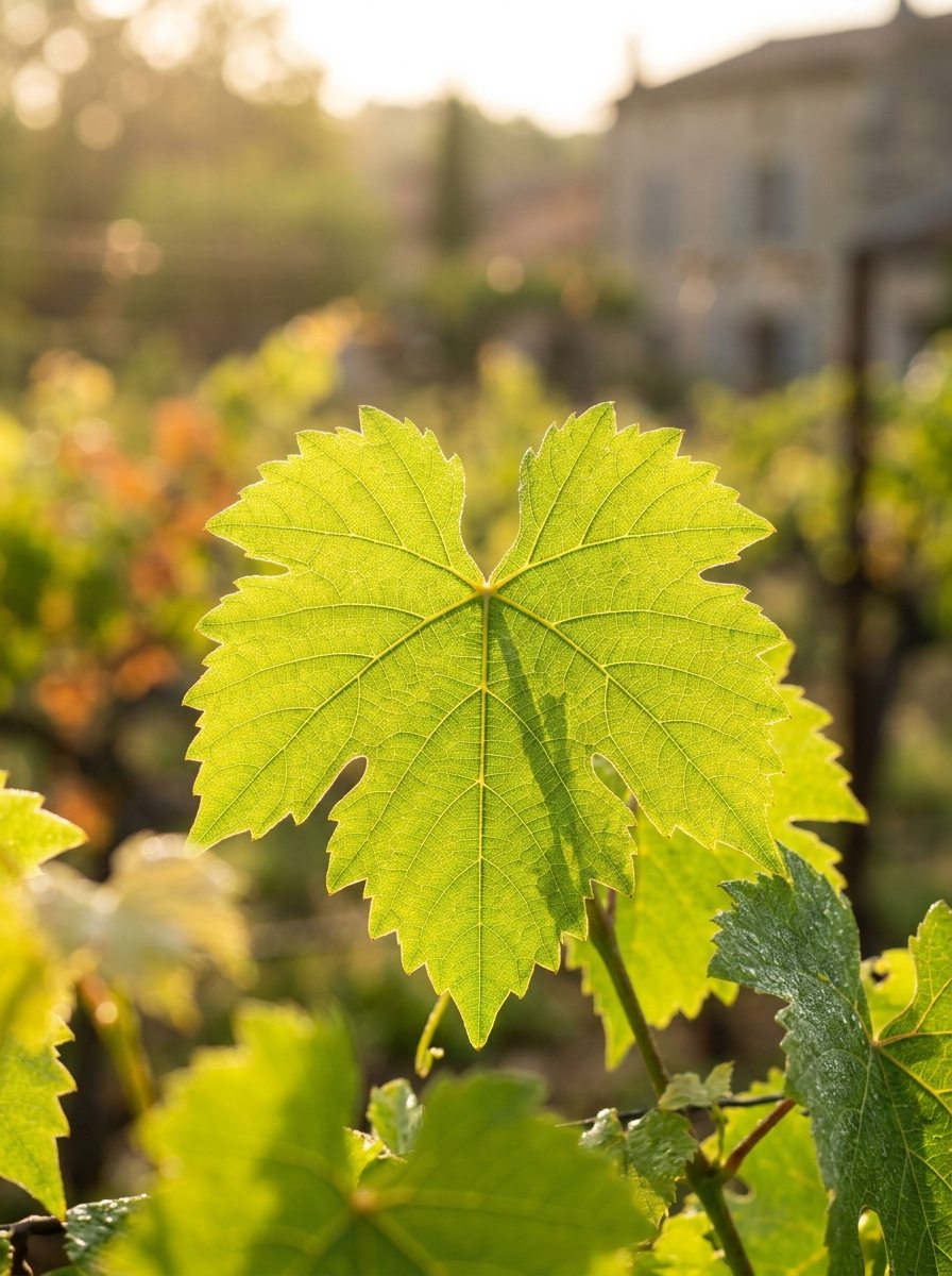 Hoja de parra de uva vinífera con luz solar natural